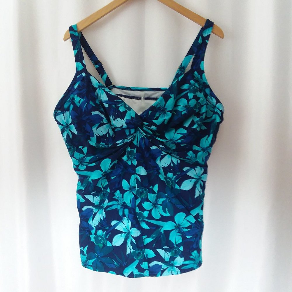 Lands' End Teal and Navy Floral Tankini Top